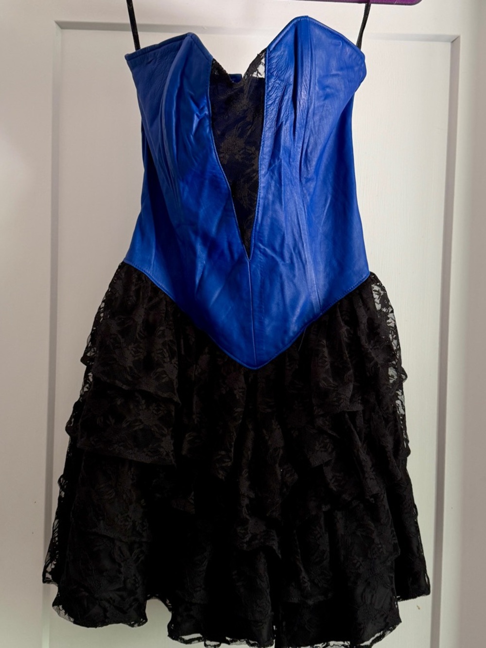 80s vintage Firenze SB Royal Blue Leather and Black Lace Strapless Party Dress